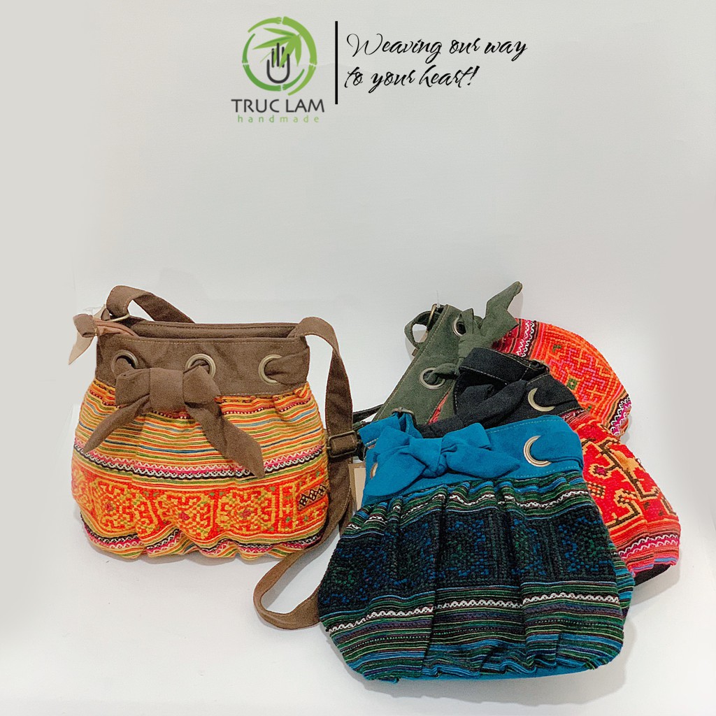 Túi Đeo Chéo Thời Trang Nữ Vải Thổ Cẩm Phối Da Lộn Miệng Dây Rút Thắt Nơ - Trúc Lâm Handmade