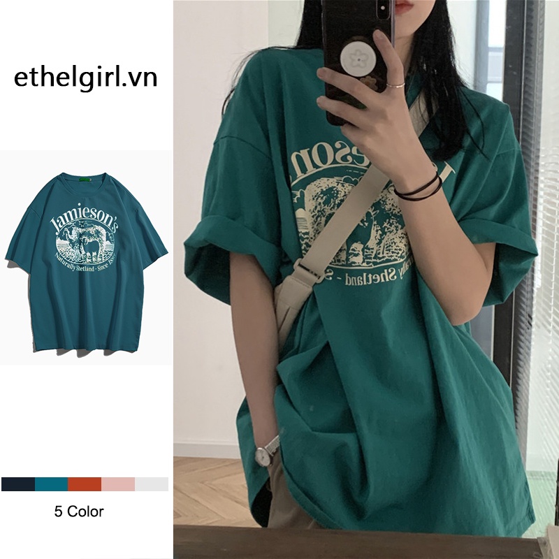 Áo thun cổ tròn tay ngắn dáng rộng in họa tiết phong cách Hàn Quốc cổ điển thời trang dành cho nữ với 5 màu tùy chọn