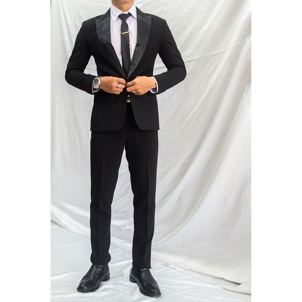 Bộ vest nam ôm body màu đen cổ viền phi đen