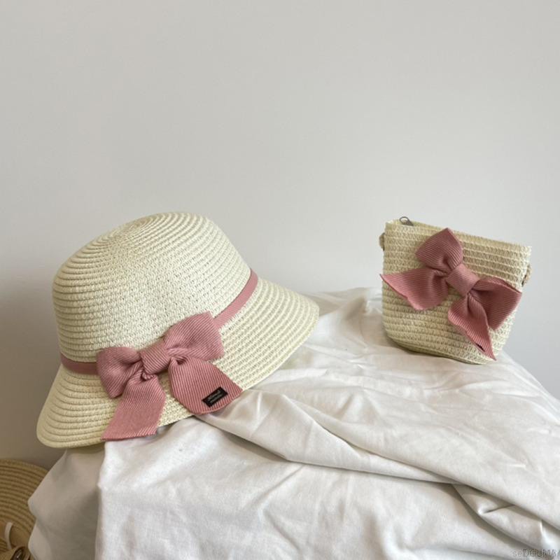 Set Mũ Và Túi Cói Đi Biển Phong Cách Công Chúa Cho Bé Gái