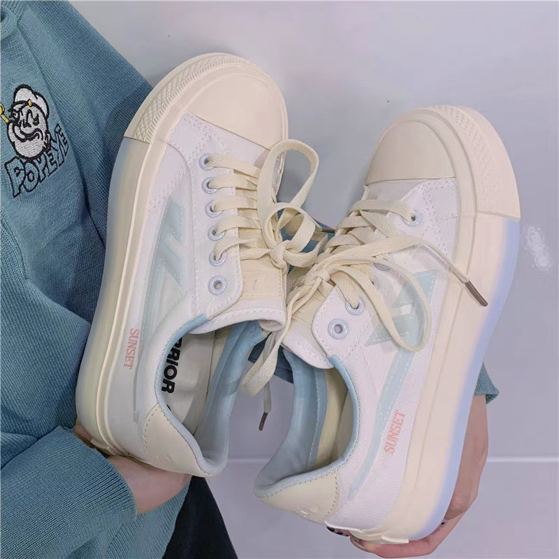 Giày thể thao nữ SST màu trắng chất liệu vải canvas kiểu dáng sneaker basic độn đế 5cm phong cách ulzzang hàn quốc 2021 | WebRaoVat - webraovat.net.vn