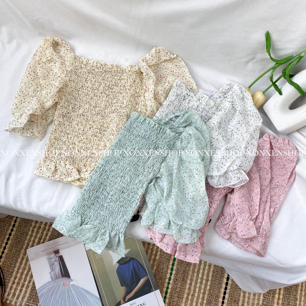 Áo kiểu croptop hoa nhí chất vải voan mềm mịn Xonxen shop free size mã 11101