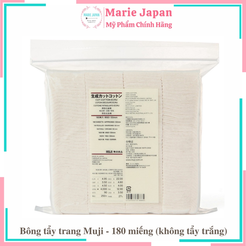 Bông tẩy trang Muji 100% Cotton hữu cơ không qua tẩy trắng 180 miếng Nhật Bản