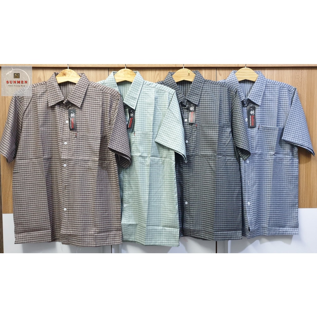 Áo Sơ Mi Nam Trung Niên Tay Ngắn Vải Đũi Cao Cấp Siêu Mát From Rộng Rãi Thoải Mái Họa Tiết Caro Size Từ 50-90kg