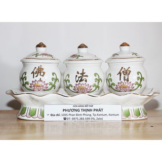 Bộ 3 Ly Nước Thờ Có Nắp Phật Pháp Tăng Bạch Ngọc Cao Cấp