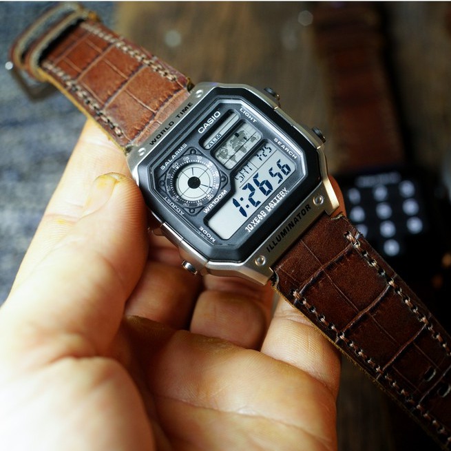Dây đồng hồ RAM Leather 1928 cho CASIO 1200, AE 1200, 1300, 1100, A159 , A168 , Size 18 da bò vân cá sấu