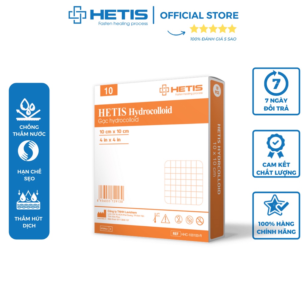 Gạc Hydrocolloid HETIS Hydrocolloid size 10x10cm hỗ trợ liền vết thương, giảm khả năng hình thành sẹo