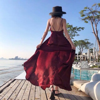 (Ảnh thật) Váy maxi 2 dây hở lưng cổ V dáng dài xẻ tà lụa satin sexy