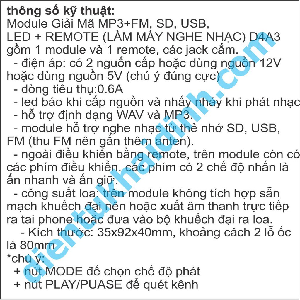 Module Giải Mã MP3+FM, MicroSD, USB OUT: 2x3W + REMOTE (LÀM MÁY NGHE NHẠC) D4A4-2 kde4332
