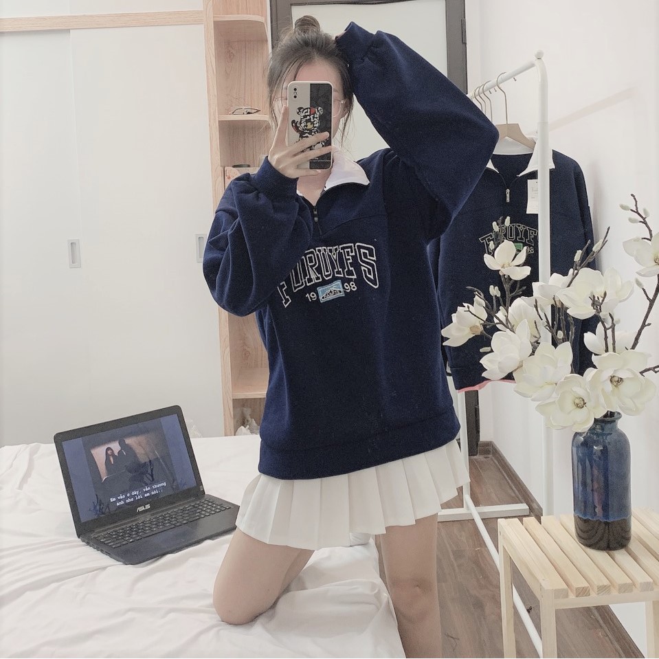 Áo sweater nữ ullzzang nỉ tàu khóa cổ Shynstores vải dày đẹp freeship