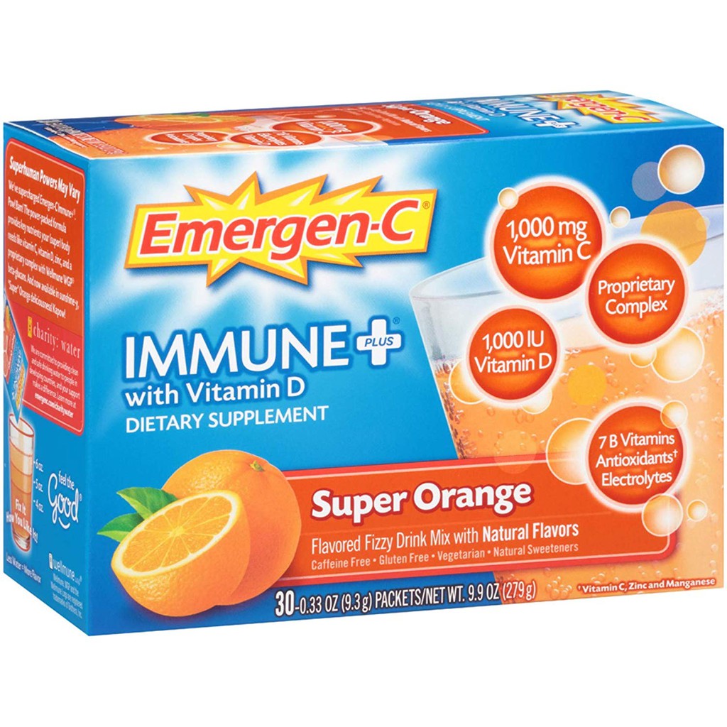 Bột sủi C Emergen-C Immune Plus vitamin D,Super Orange 30 gói, nội địa Mỹ