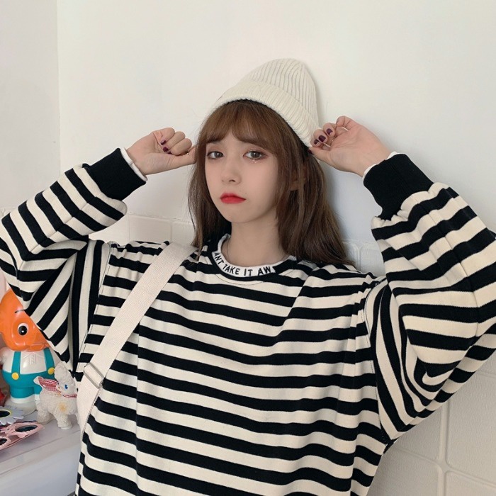 Áo Sweater Dài Tay Dáng Rộng Với Họa Tiết Sọc Ngang Xinh Xắn Theo Phong Cách Hàn Quốc