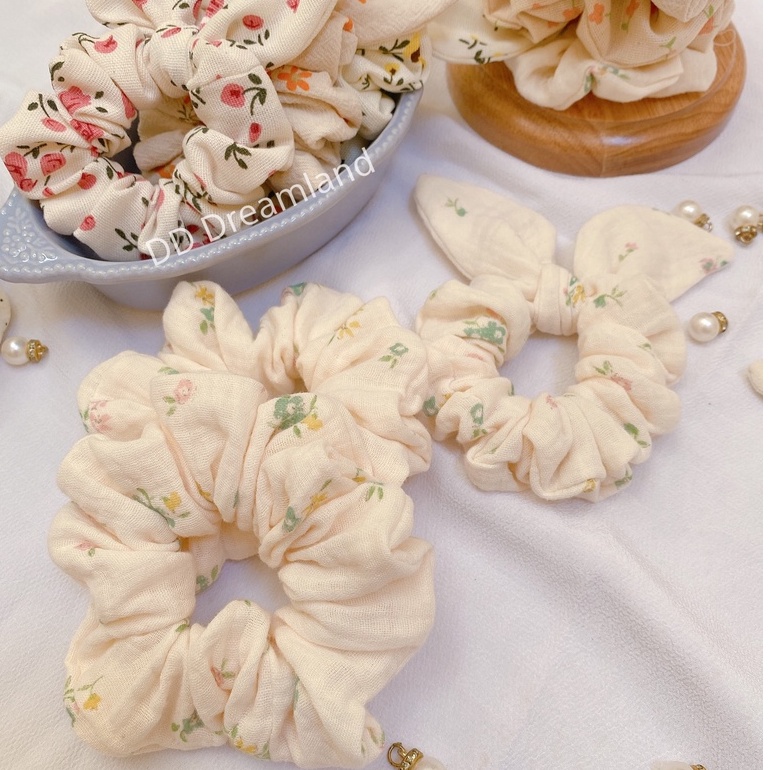 Scrunchies Cột Tóc Tai Thỏ Hoa Nhí