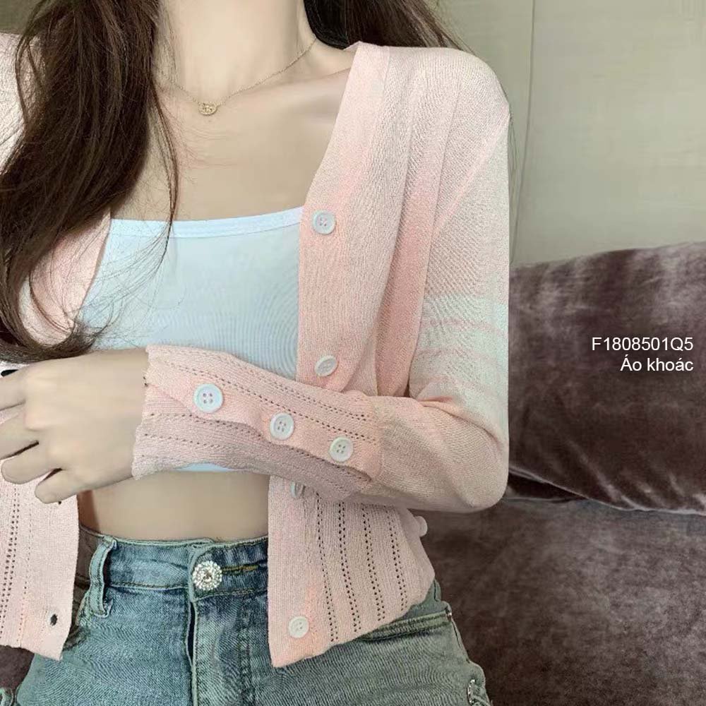 Áo khoác len gài nút cổ tim tay dài phối tay viền sọc bên hàng QC!