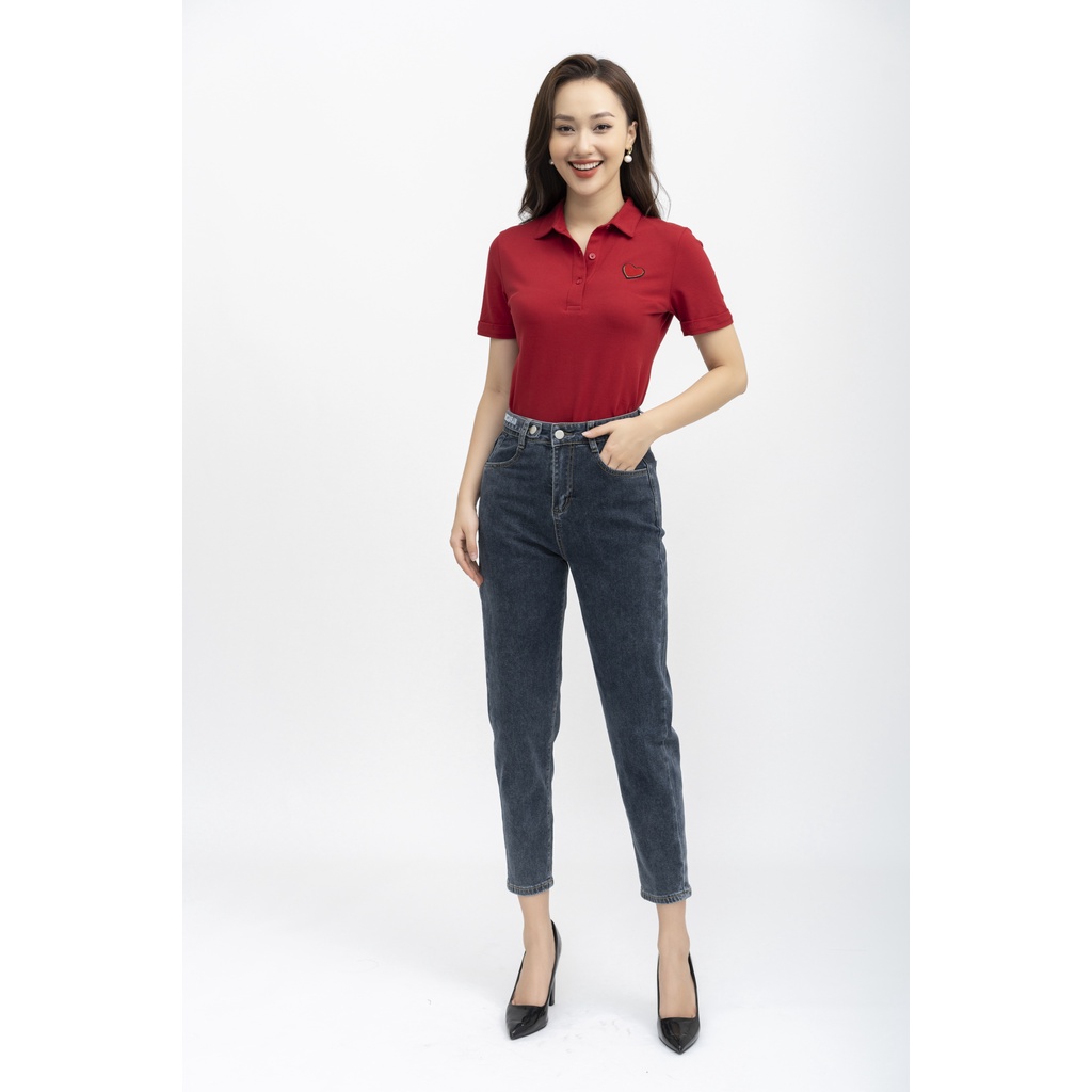 Áo thun cotton nữ Fiona, Áo Polo màu đỏ co giãn tay ngắn phông đính trang trí hình tim FIONA F522183