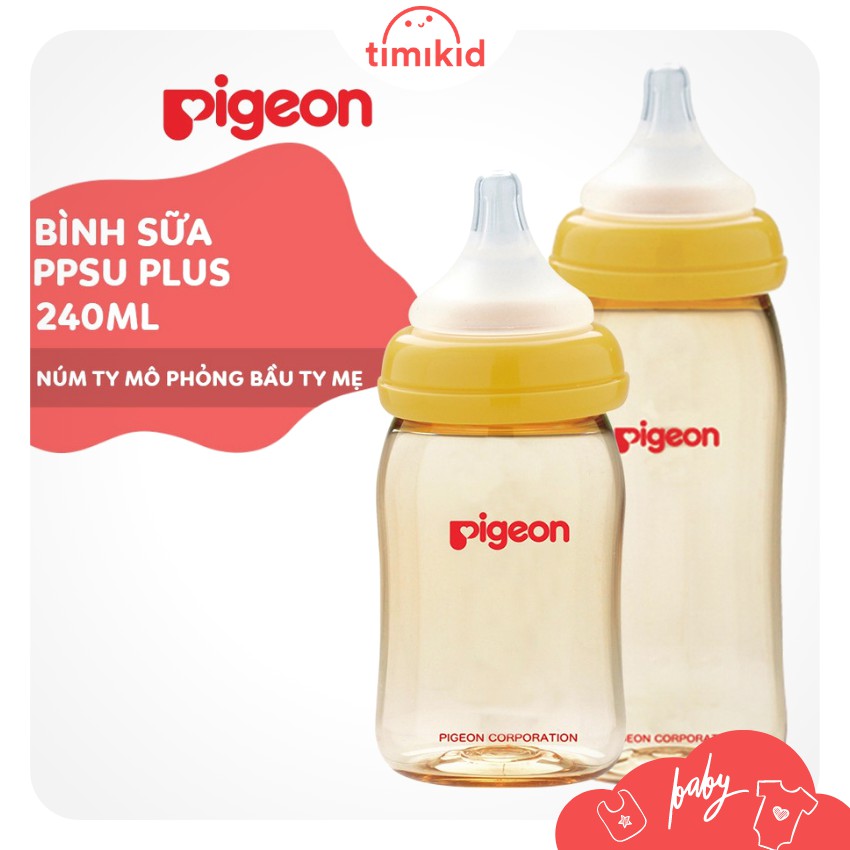 [CHÍNH HÃNG] Bình sữa cho bé cổ rộng PPSU Plus Pigeon 160ml/ 240ml - TIMIKID Store