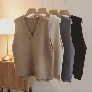 Áo len gile nữ trơn cổ tim xẻ tà basic Quảng Châu vintage mùa đông BZ098