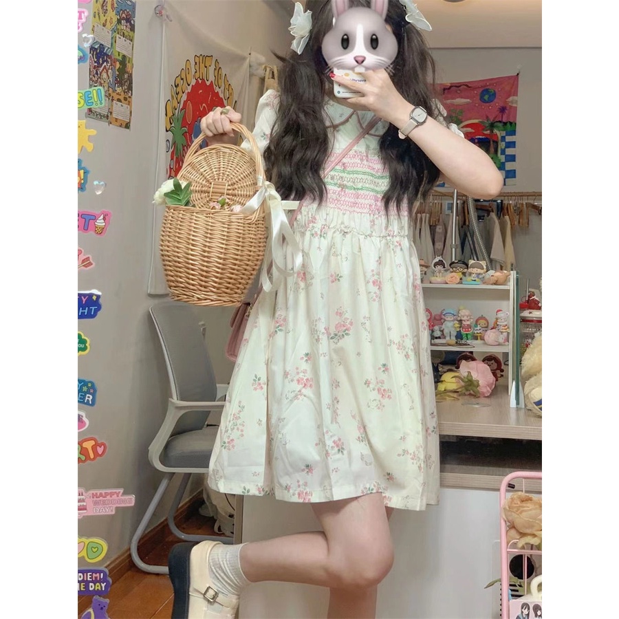 Đầm Tay Phồng Cổ Búp Bê Dáng Rộng In Họa Tiết Dễ Thương Thời Trang Mùa Hè