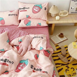 Bộ Drap & Chăn Phao Cotton Poly Dâu Nhật