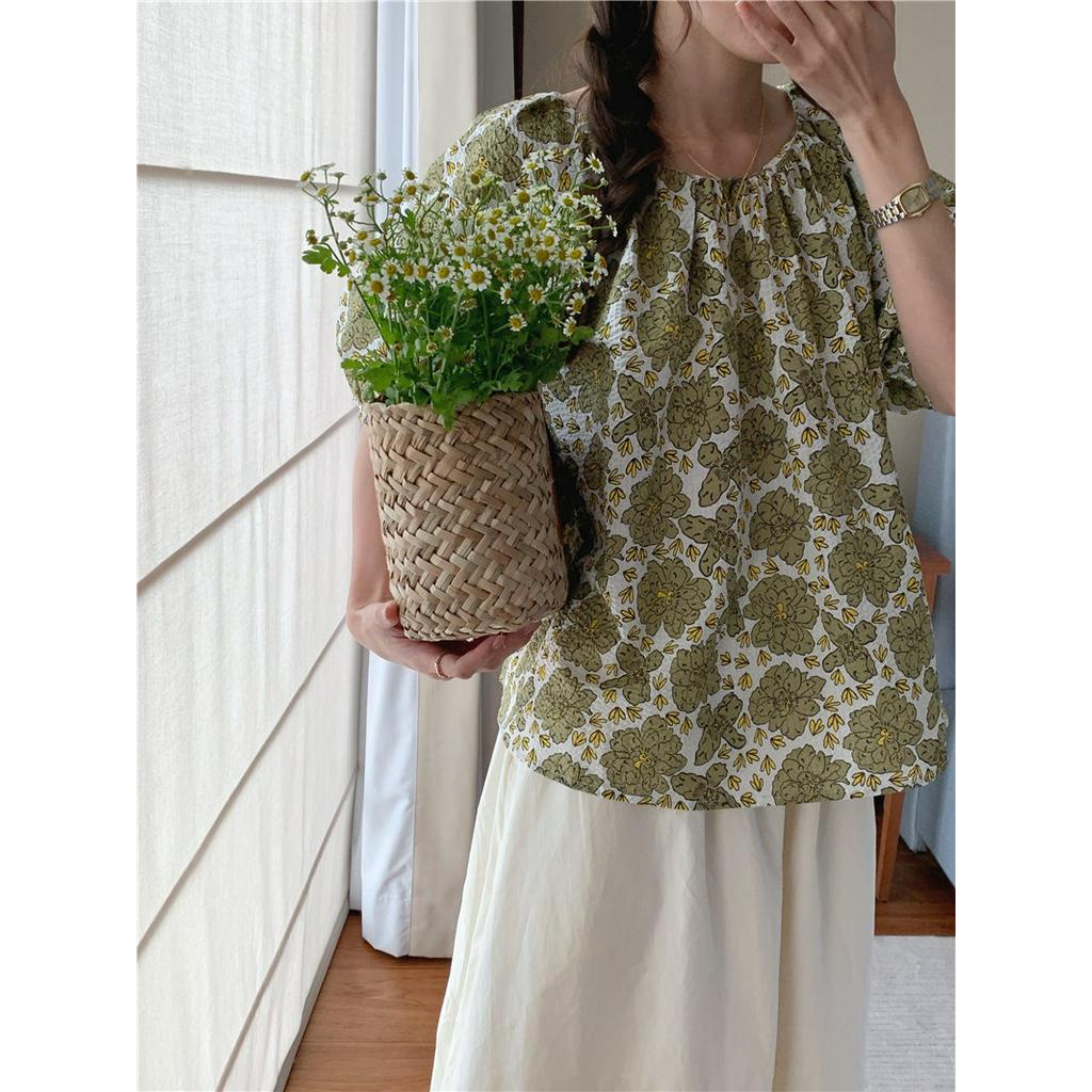 Áo Sơ Mi Ngắn Tay Cổ Tròn Thắt Dây Lưng Họa Tiết Hoa 52679