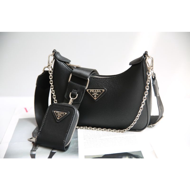 Túi chéo nữ Pra.da da xước sz25cm kèm quai đeo bản to+dây xích+ví nhỏ fullbox