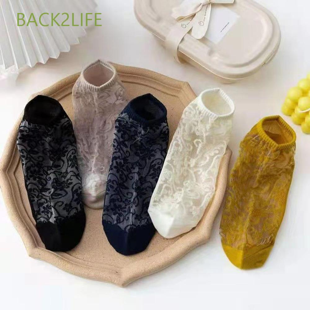 Tất cổ chân ngắn phối ren đơn giản lụa thủy tinh vintage chống trượt thời trang mùa hè 2021 nhiều màu cho nữ BACK2LIFE