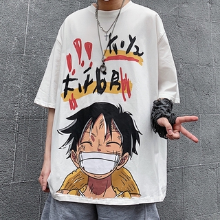 Áo thun cotton thuần khiết cổ tròn ngắn tay in hình One Piece dáng rộng size lớn dành cho nam nữ