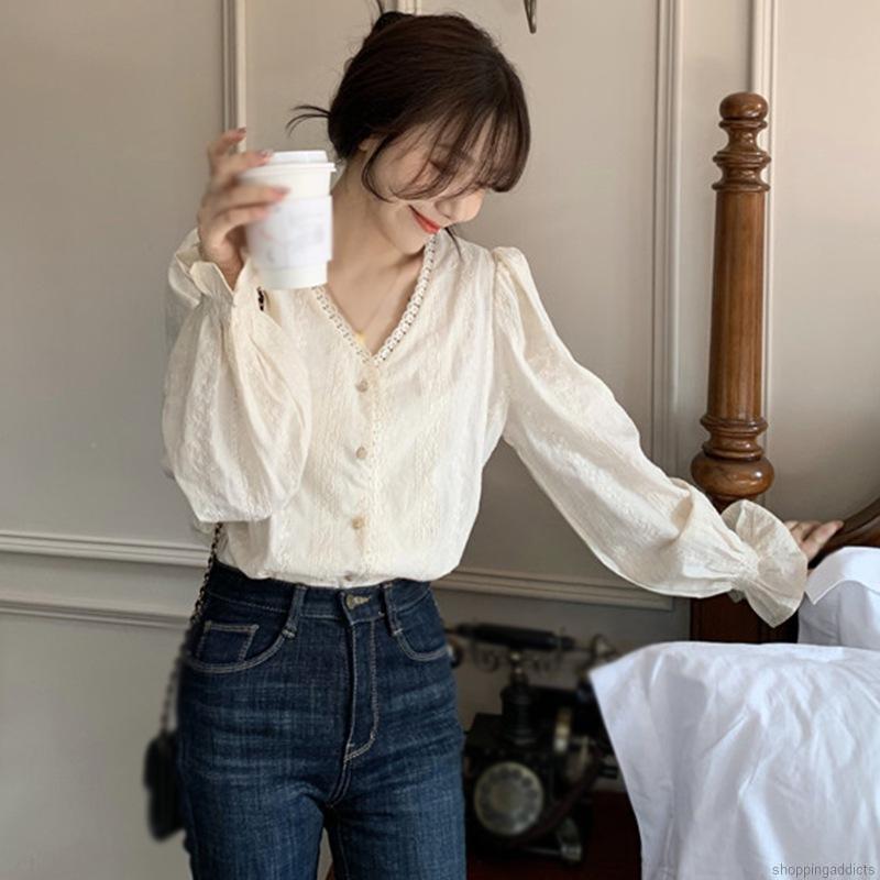 Áo Sơ Mi Dài Tay Cổ Chữ V Phối Ren Xinh Xắn Cho Nữ
