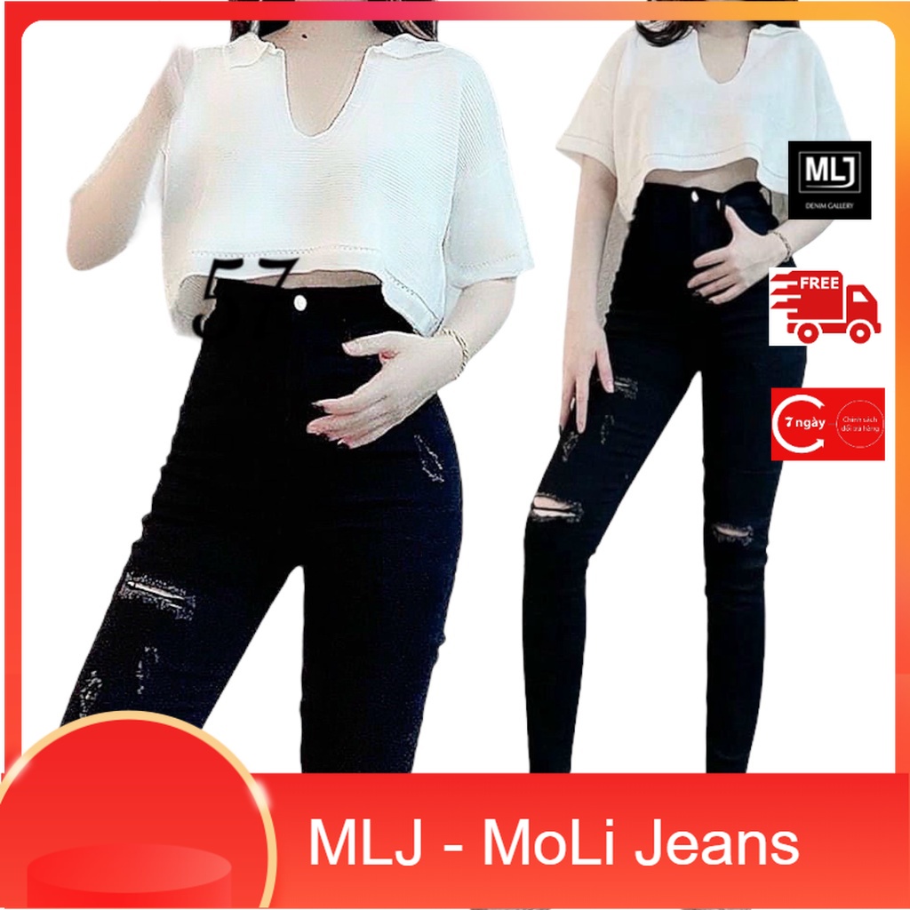 Quần jean 9 Tấc màu đen tuyền rách kiểu co dãn mạnh, lưng cao Siêu Phẩm 4108 MLJ