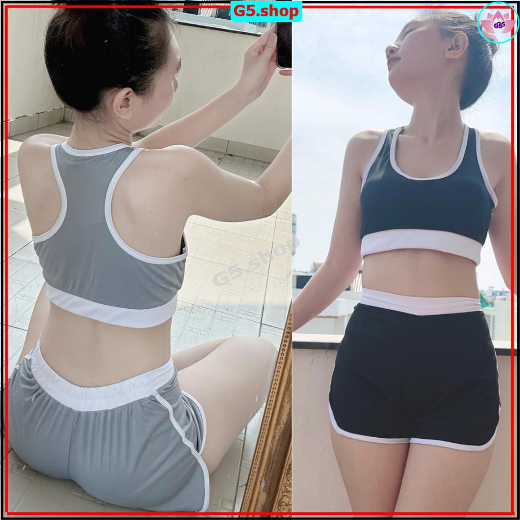 Bộ bra tập gym yoga earobic phối viền bo xiết eo kết hợp quần đùi cho nữ màu Xám Đen sét thể thao thể dục G5