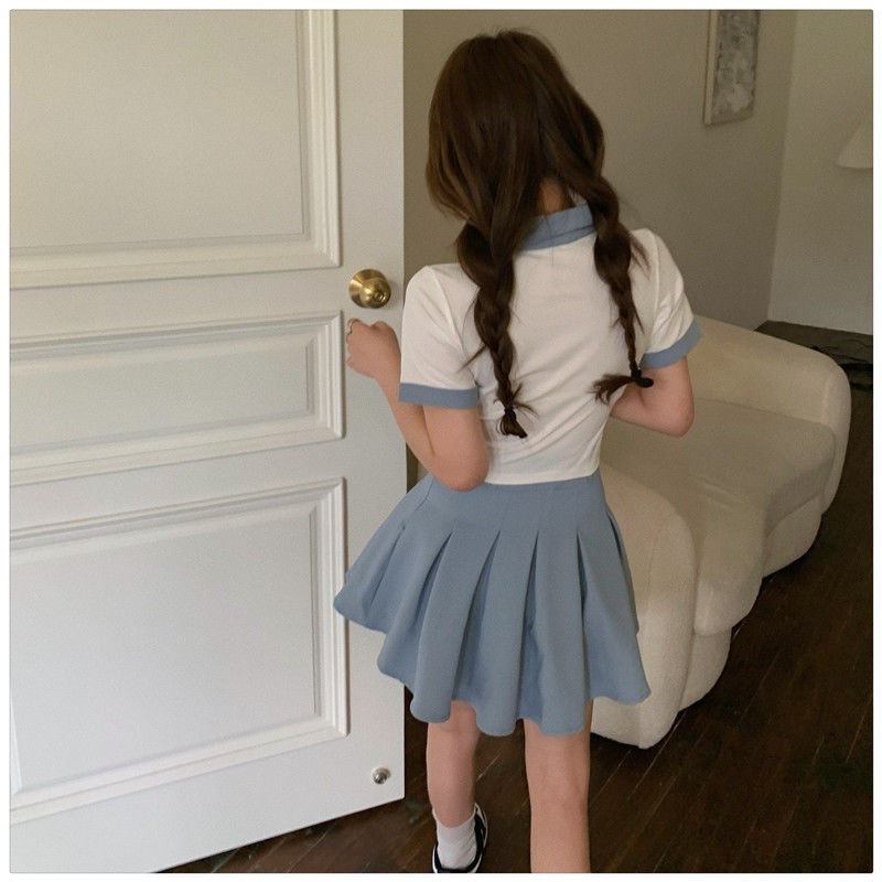 Ready Stock College style age-reducing POLO collar letter label short-sleeved T-shirt + high-waist pleated skirt suit female summer two-piece suit