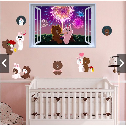 Decal trang trí khung cửa sổ Gấu Thỏ LINE đáng yêu