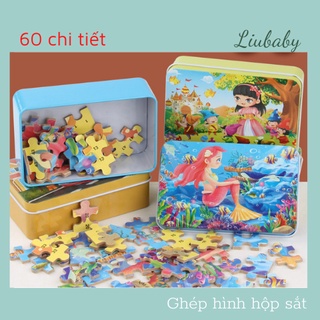 60 mảnh ghép hình gỗ hộp sắt cho bé, đồ chơi thông minh Liubaby