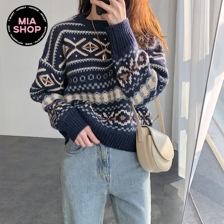 Áo len nam nữ tay dài MIA, áo len unisex họa tiết thổ cẩm cổ tròn form rộng, phong cách Hàn Quốc