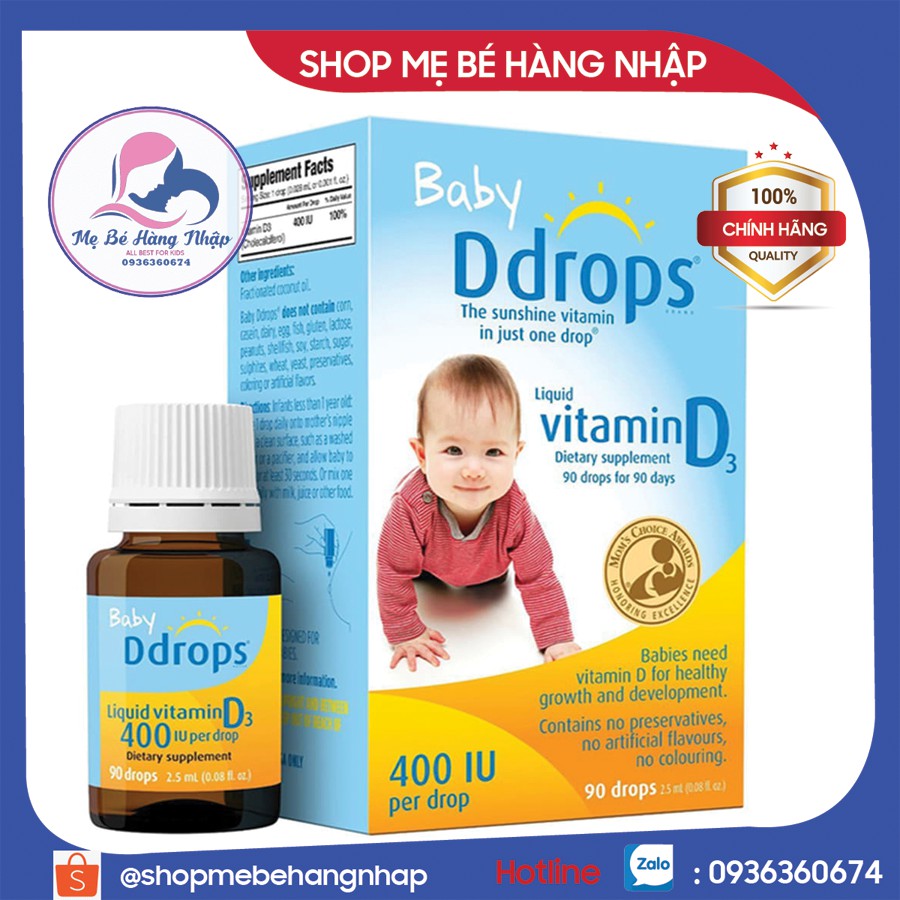 Baby Ddrops Vitamin D3 ddrop cho trẻ sơ sinh - 90 giọt Mỹ