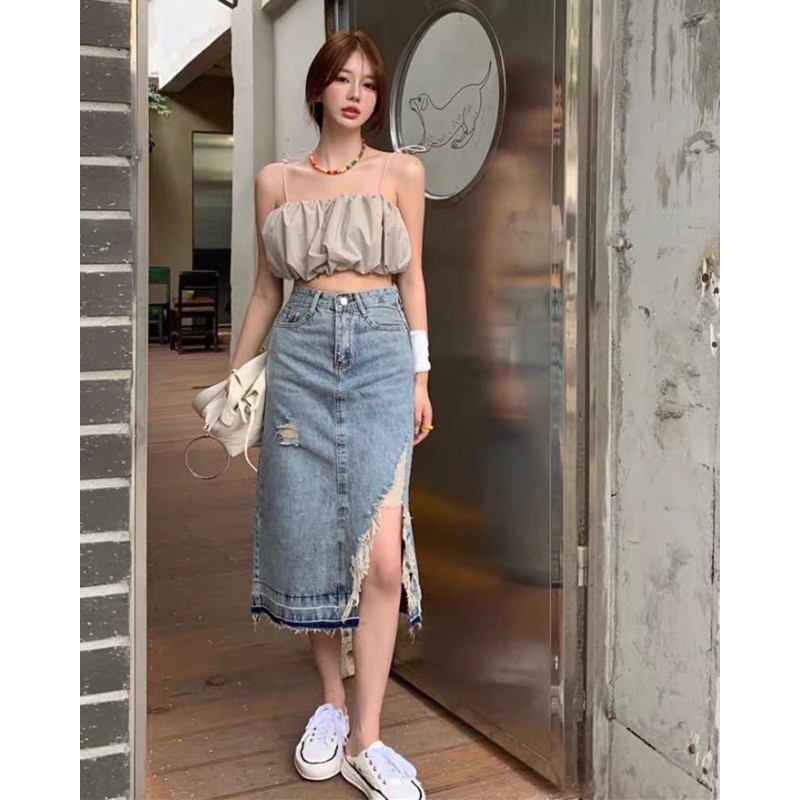 Set Áo Dây Váy Jeans Dài Xẻ Tà Phong Cách