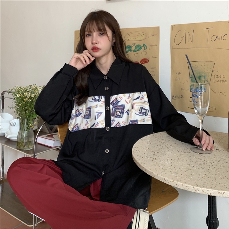Áo Sơ Mi Dáng Rộng Họa Tiết Khối Màu Sắc Thời Trang Mùa Thu Cho Nữ