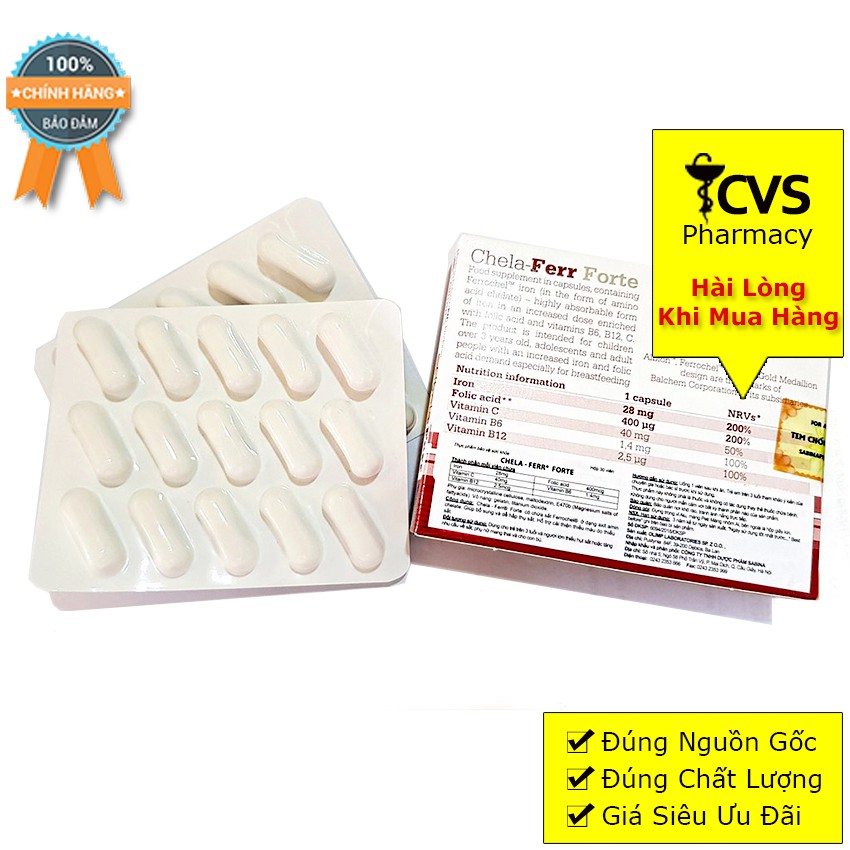 Viên Uống CHELA FERR FORTE - Hỗ trợ bổ sung sắt và dễ hấp thụ sắt (Hộp 30 viên)