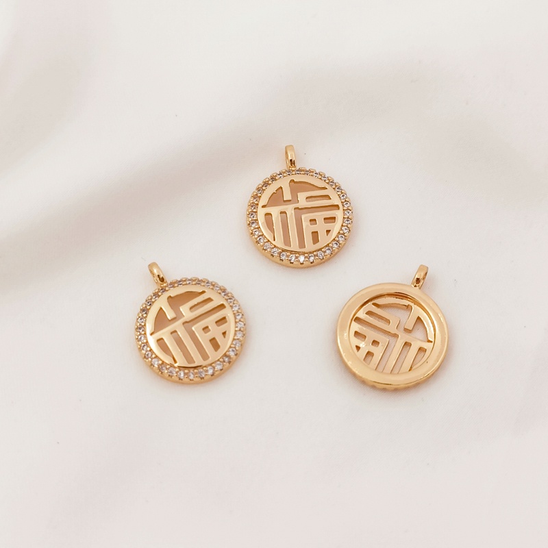 Mặt Dây Chuyền Hình Tròn Rỗng Bằng Đồng 14K Đính Đá Zircon Màu Vàng Đồng Hình Nhân Vật Trung Quốc