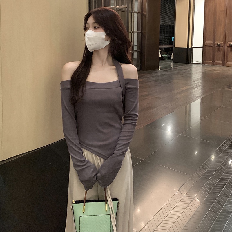 Áo thun nữ dáng ôm dài tay 2021, áo hở vai kiểu hotgirl ngọt ngào chất nỉ thời trang hàn quốc