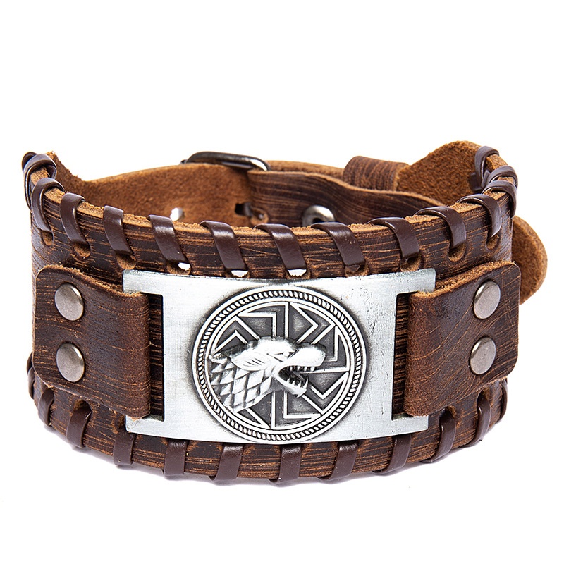 Vòng Tay Da Bện Họa Tiết Đầu Sói Phong Cách Hip Hop Thời Trang Cho Nam