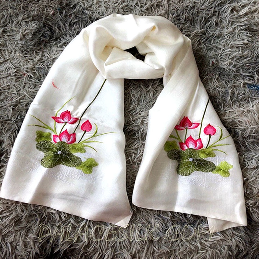 Khăn lụa tơ tằm 2 lớp thêu tay, 100% silk, kích thước 180cm x 70cm
