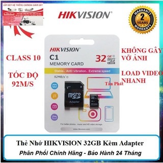 Thẻ Nhớ 32G 64G 128G HIKVISION CLASS 10 Chất Lượng Cao Kèm Adapter - Chính Hãng - BẢO HÀNH 24 THÁNG