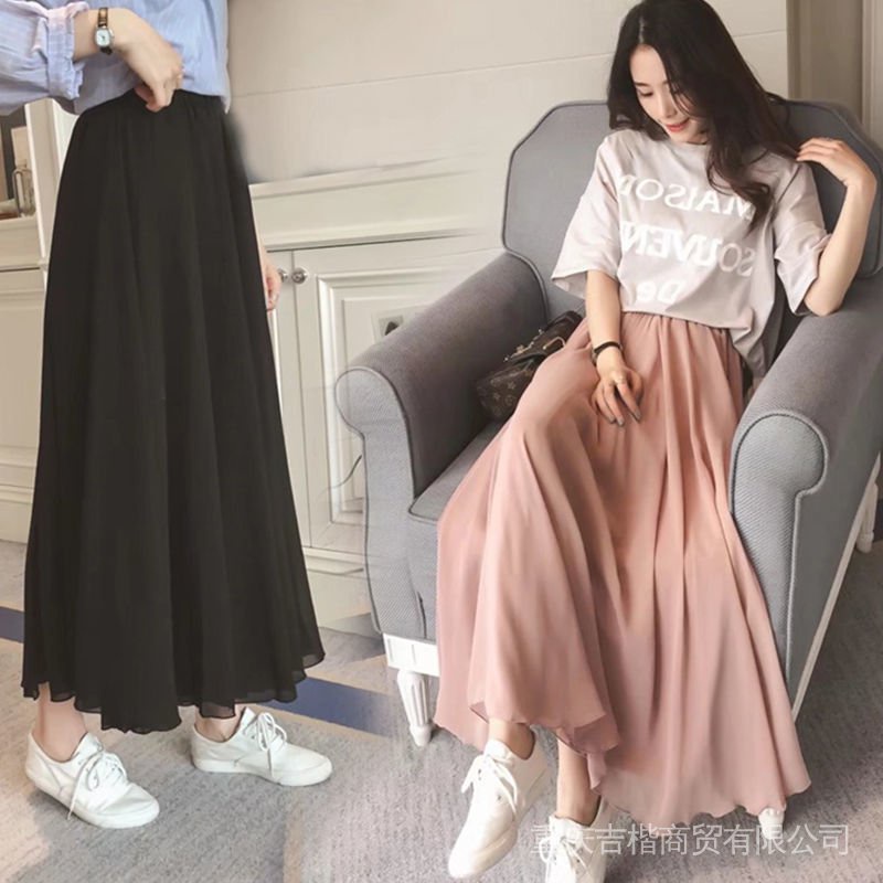 Spring and Summer chiffon double-layer large-swing skirt long skirt anti-penetration small fresh large size high waist ethnic style student dress