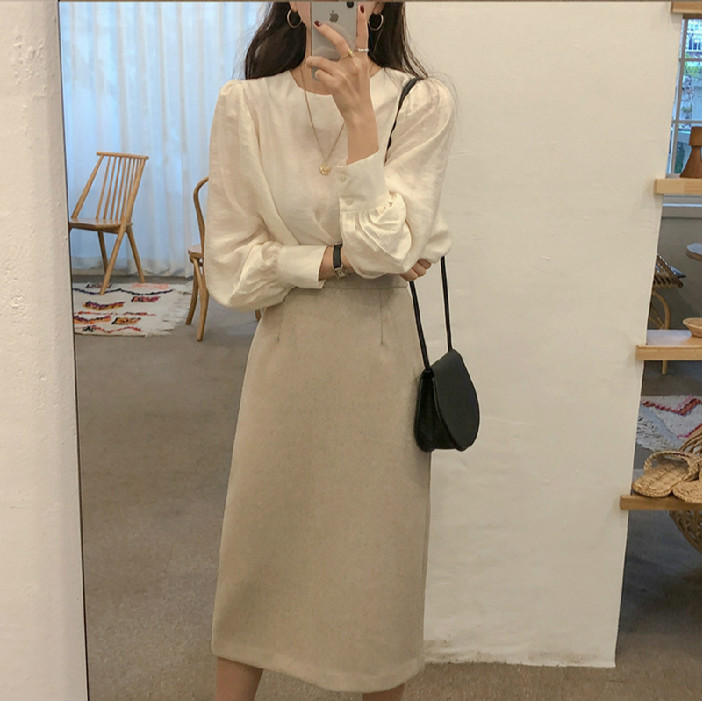 Áo Kiểu Tay Phồng Cổ Tròn Màu Trơn Thiết Kế Dáng Rộng Thoải Mái Hợp Thời Trang