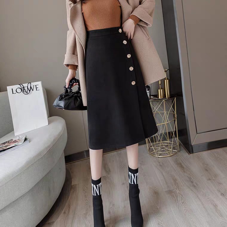 Chân váy Chữ A đáp tà phối cúc dài 60cm