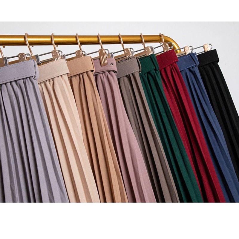 #1915 Chân váy xếp ly dáng dài kèm đai chất sạn hàng Quảng Châu