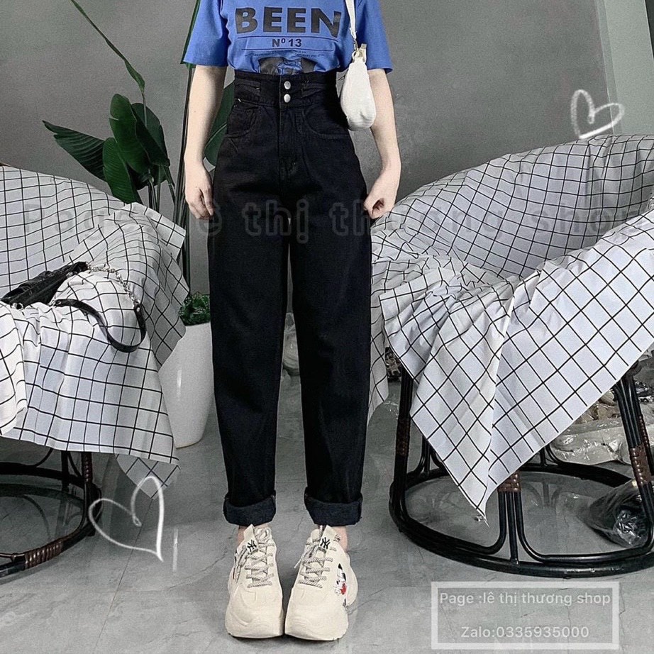 Quần bò baggy nữ cạp cao 2 cúc chất đẹp phong cách Hàn Quốc