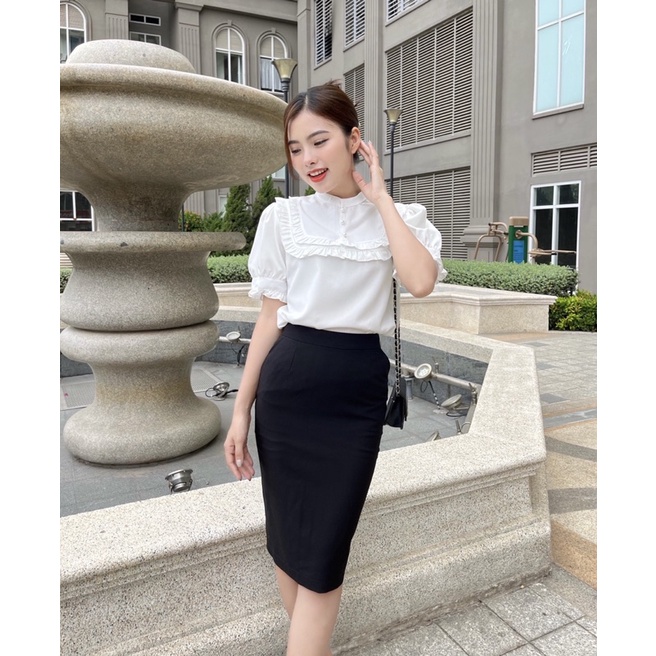 Áo sơ mi nữ trắng cộc tay Gloria Shop áo sơ mi kiểu nữ công sở cổ đức phối bèo đính cúc ngọc [SMT cộc tay]