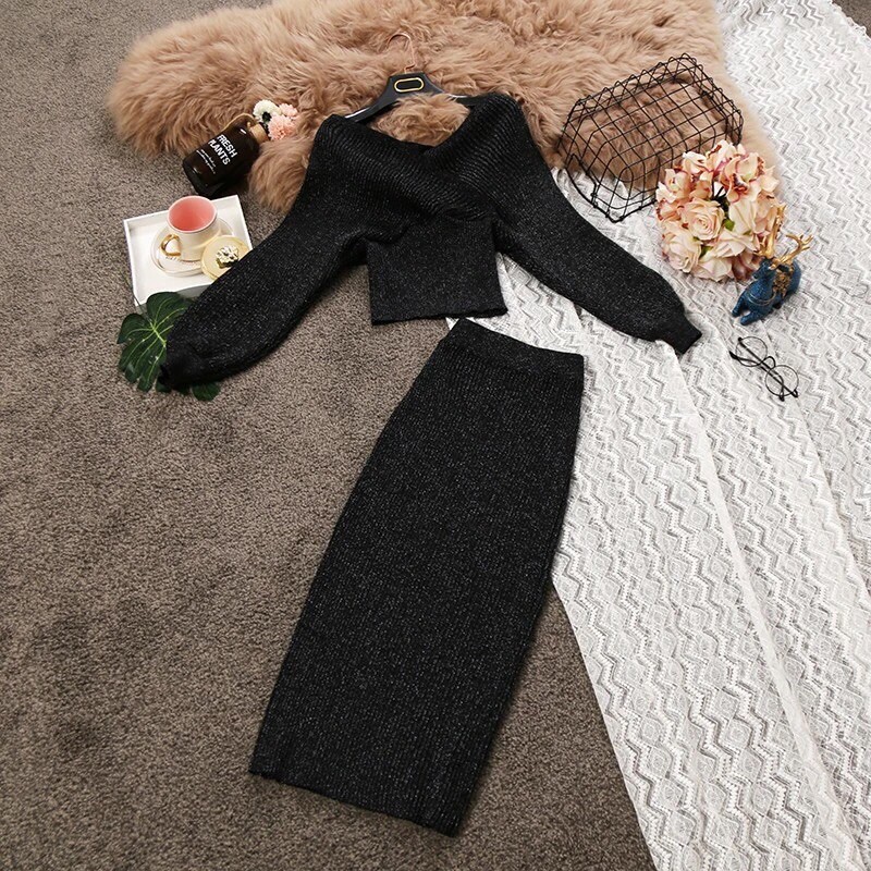 Sét váy+áo len 2 chi tiết ánh kim hàng quảng châu cao cấp